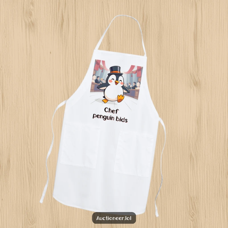 Funny Penguin Auction Apron: A happy penguin in a top hat slides across an auction floor, ideal for a stylish cook.