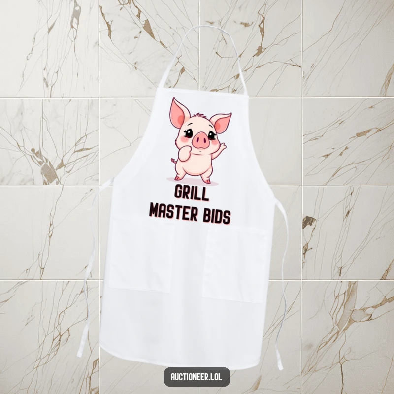 Funny Piglet Auction Apron: A playful piglet points determinedly at a rising auction bid, ideal for a cook who loves to win.