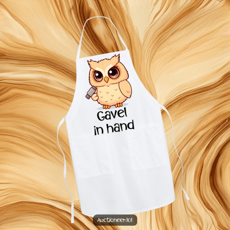 Funny Owl Judge Apron depicting a fluffy owl with a small gavel, ready to preside over any kitchen.