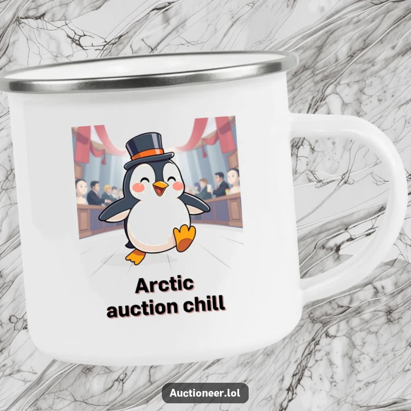 Funny Penguin Auction Camping Mug: A happy penguin in a top hat slides across an auction floor, for sophisticated campers.