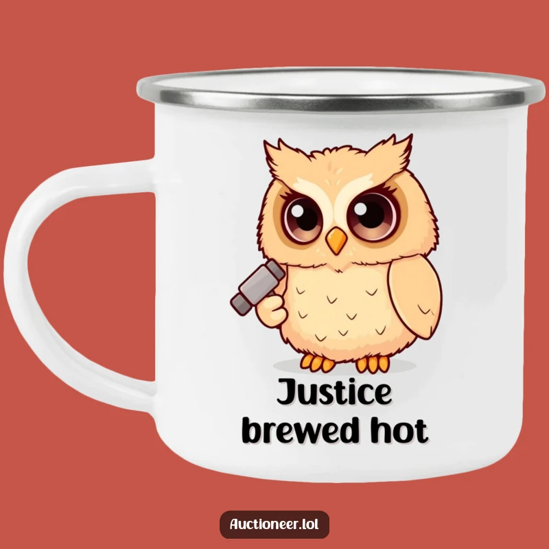 Funny Owl Judge Camping Mug: Rugged Fluffy Gavel Owl, Hilarious Outdoors