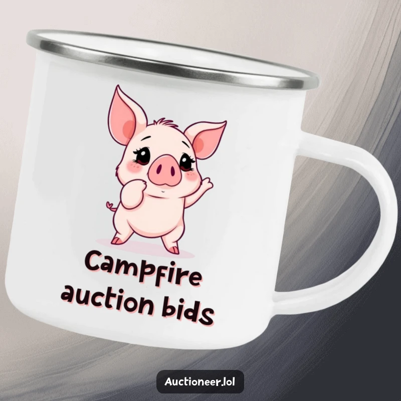 Funny Piglet Auction Camping Mug: A determined piglet points at a high auction bid number, perfect for outdoor enthusiasts.