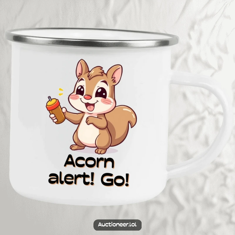Funny Squirrel Pointing Camping Mug with a cheerful squirrel pointing, perfect for outdoor lovers who enjoy humorous drinkware.