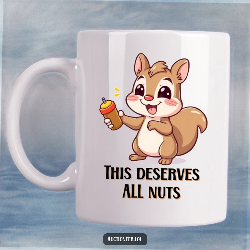 Funny Squirrel Pointing Mug with a cheerful squirrel smiling wide and pointing rapidly, conveying excitement and humor.