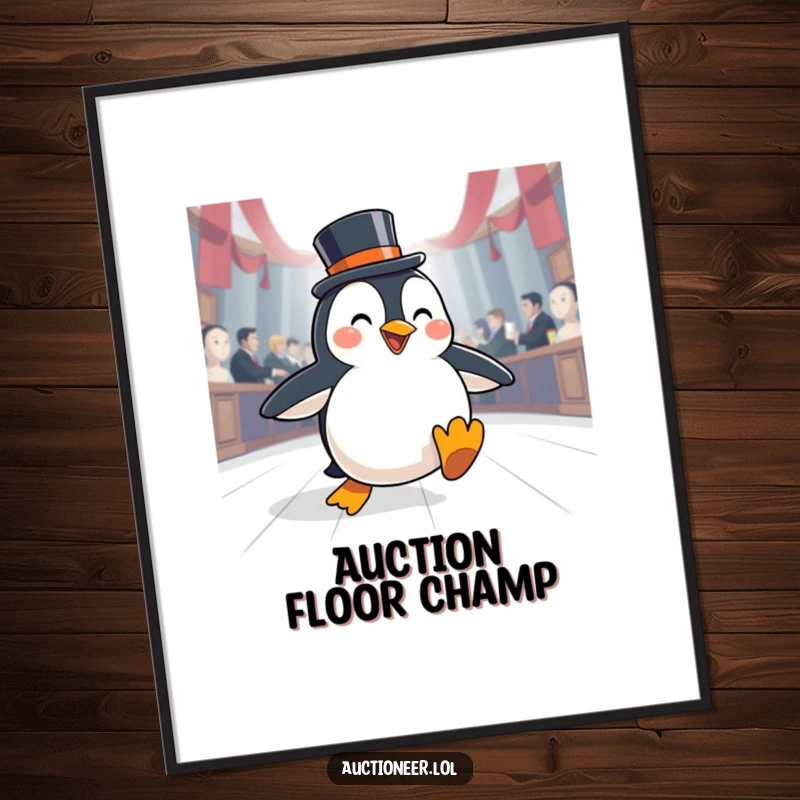 Funny Penguin Auction Digital Art: A happy penguin wearing a top hat slides gracefully across an auction floor, bringing charm.