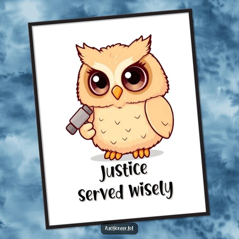 Funny Owl Judge Digital Art Print of a fluffy owl holding a gavel, offering instant humorous and legal-themed decor.