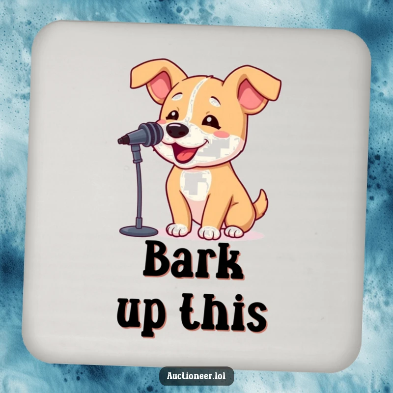 Funny Dog Barking Drink Coaster featuring a bouncy dog with a microphone, perfect for adding humor and surface protection.