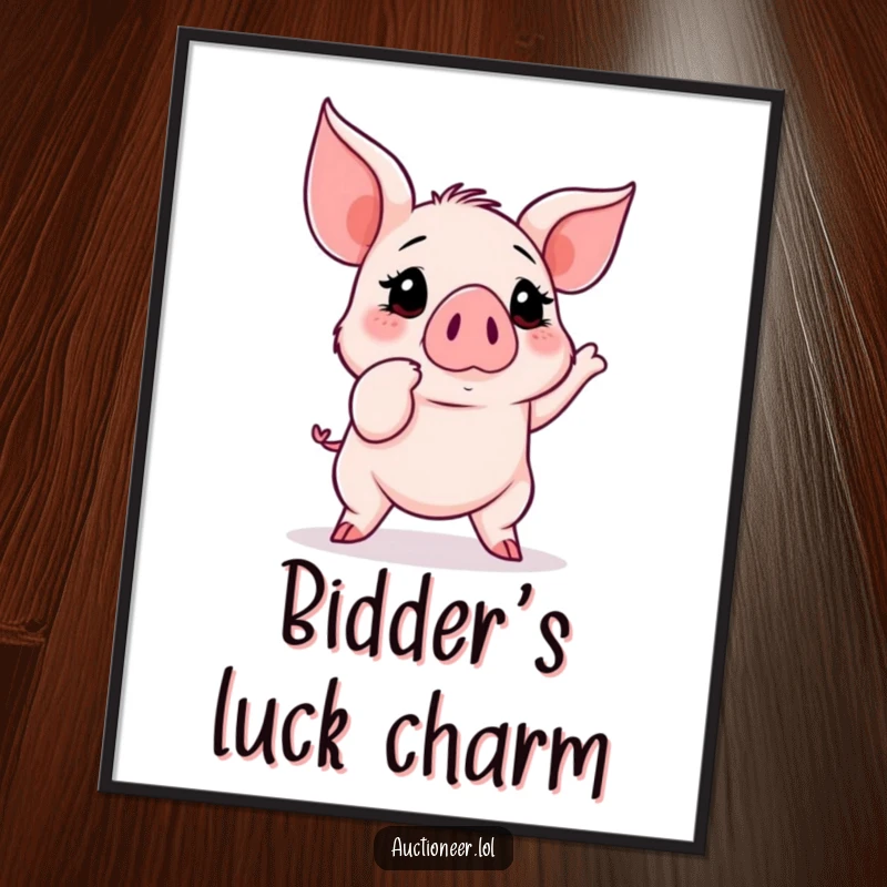 Funny Piglet Auction Poster: A determined piglet with a focused snout points at a rapidly rising bid number, capturing auction fever.
