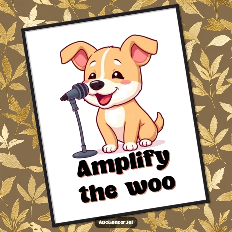 Funny Dog Barking Poster print of an excited dog with floppy ears barking into a microphone, perfect for pet-themed humor.