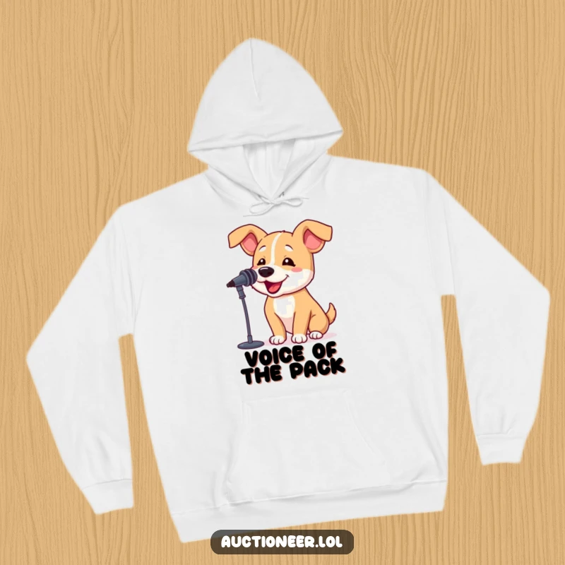 Funny Dog Barking Hoodie featuring a bouncy dog with floppy ears and a microphone, perfect for cozy and humorous wear.