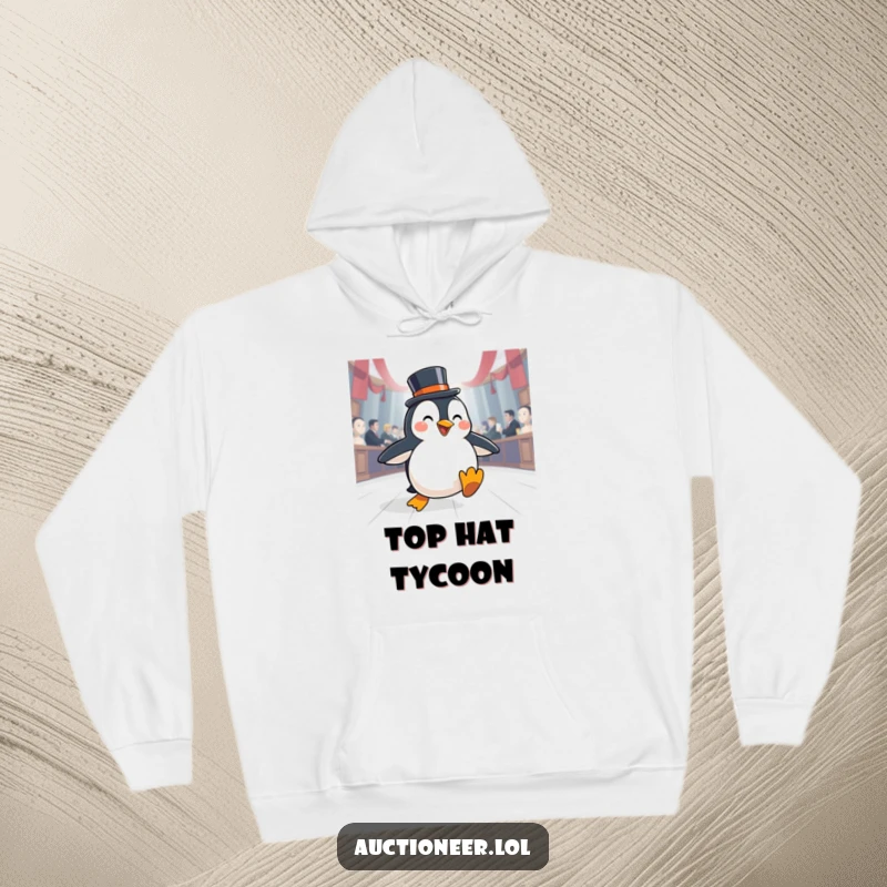 Funny Penguin Auction Hoodie: A happy penguin in a top hat slides across an auction floor, showing off its cool demeanor.
