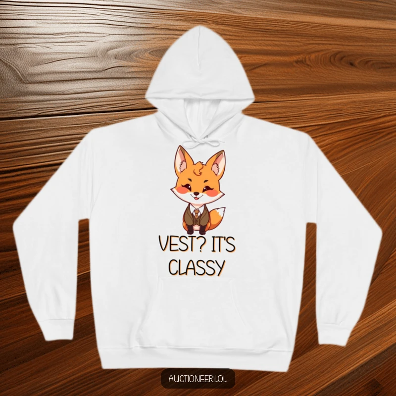 Funny Fox Vest Hoodie featuring a playful fox in a formal vest, ideal for cozy wear and humorous expression.