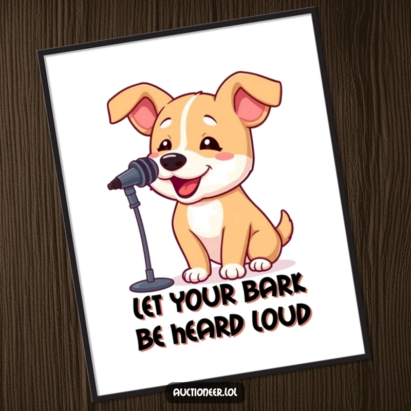 Funny Free Printable Wall Art: A bouncy dog with floppy ears excitedly barks into a miniature microphone, radiating pure joy and canine charm.