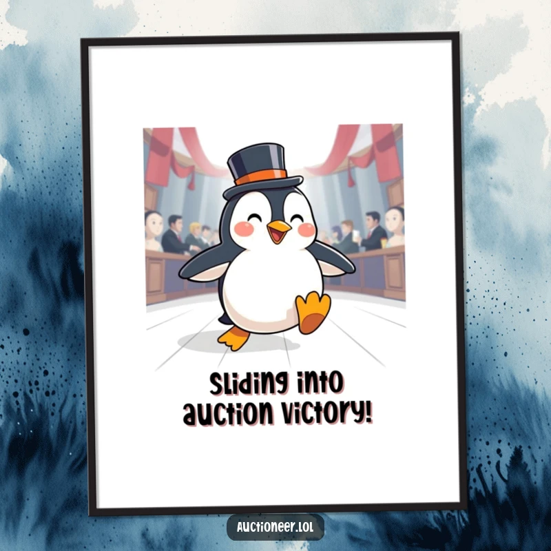 Funny Free Printable Wall Art: A happy penguin sporting a top hat gleefully slides across an auction floor, making a grand entrance.