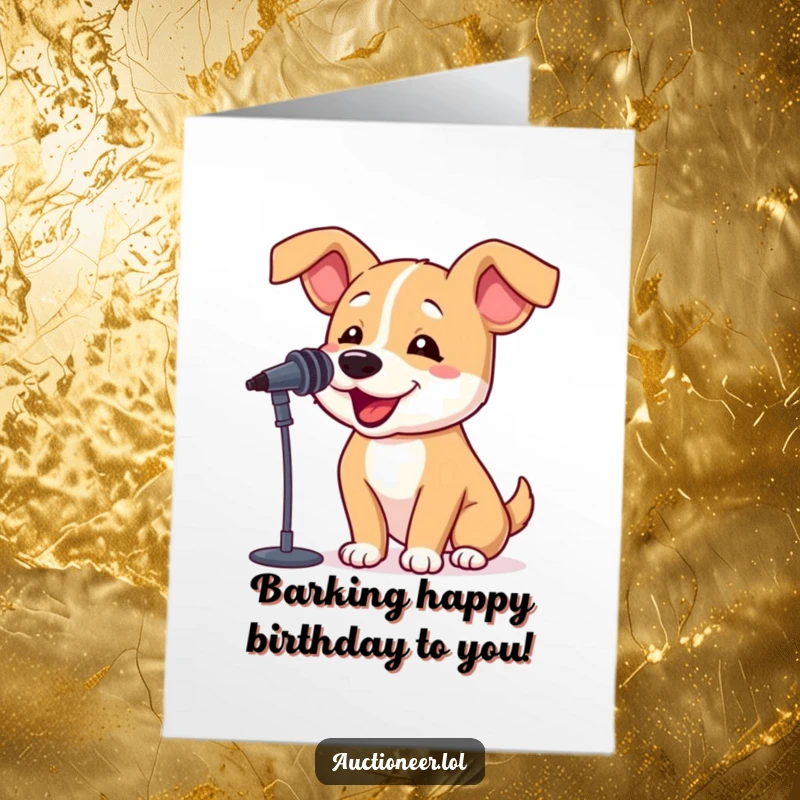 Funny Free Printable Birthday Card: A happy dog with floppy ears barks into a microphone, ready to sing the birthday song with all its might.
