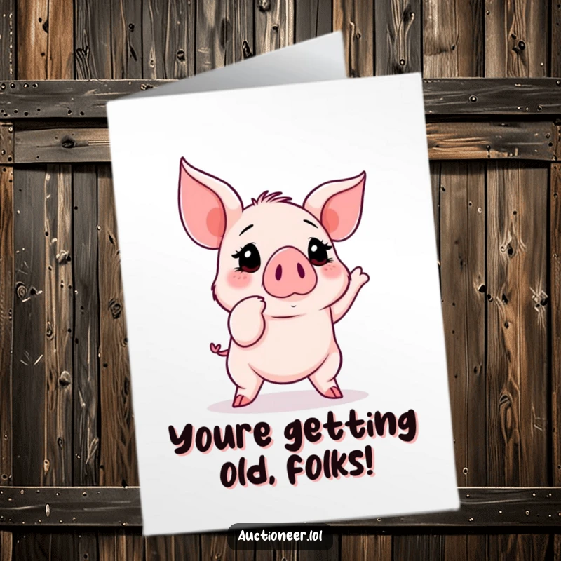 Funny Free Printable Birthday Card: A determined piglet excitedly points at a skyrocketing auction bid number, ready to win.