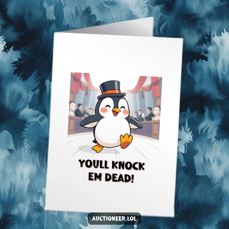 Funny Free Printable Congratulations Card: A happy penguin wearing a top hat slides victoriously across an auction floor after a successful bid.