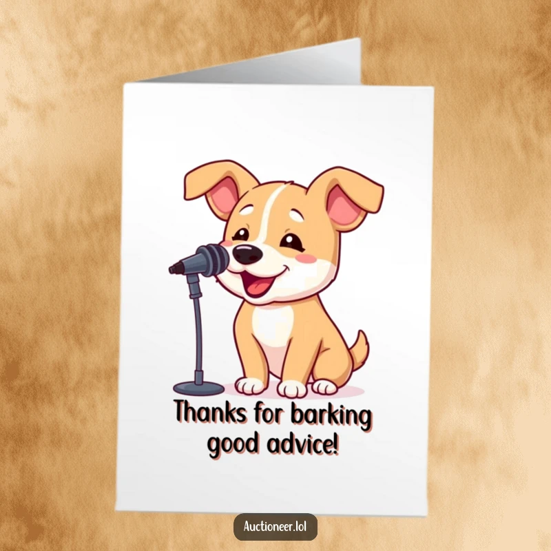 Funny Free Printable Thank You Card: A cute dog with floppy ears excitedly barks into a microphone, sending loud and clear thanks your way.