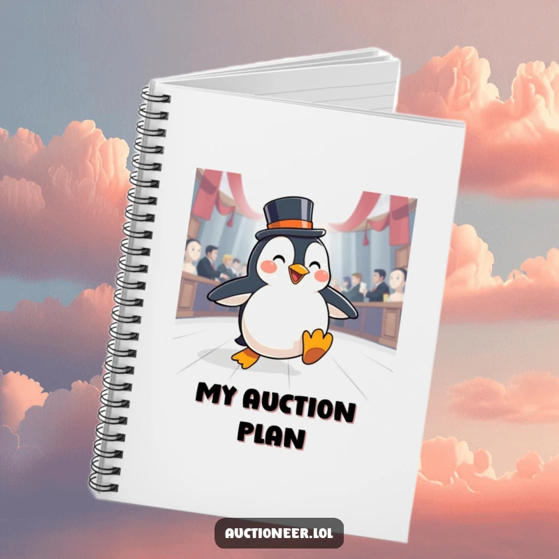 Funny Penguin Auction Notebook: A happy penguin wearing a top hat slides across an auction floor, for stylish note-taking.