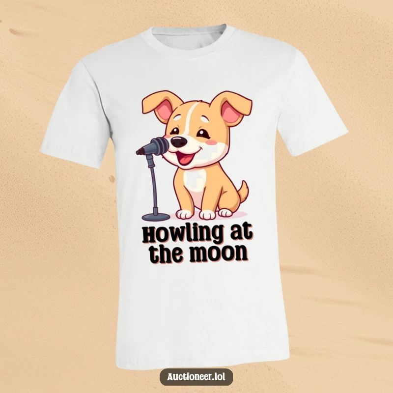 Funny Bouncy Dog T-Shirt with a happy dog barking into a tiny microphone, ideal for pet owners and humor enthusiasts.