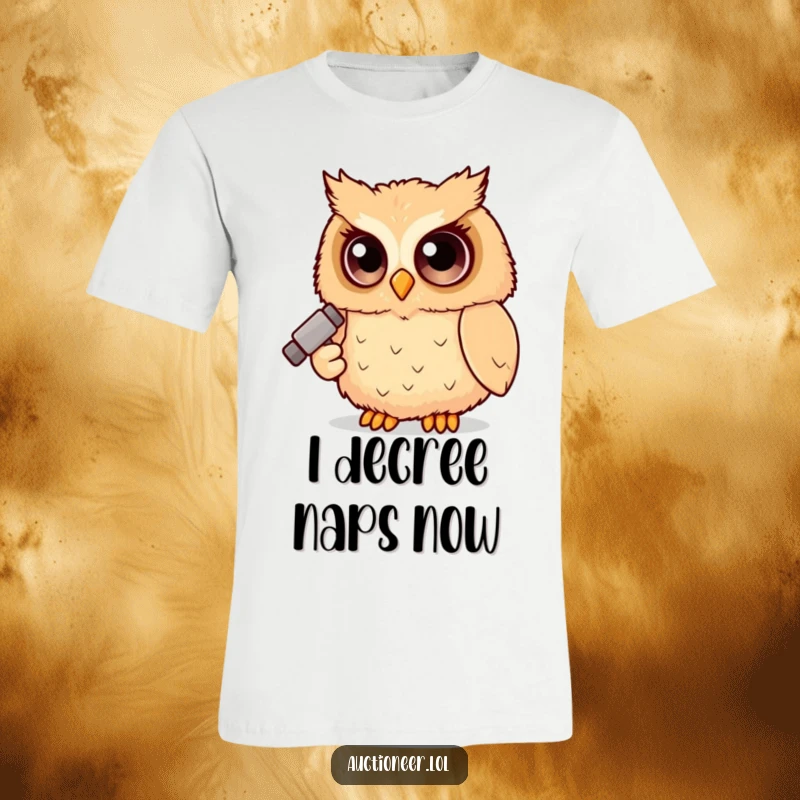 Funny Owl Judge T-Shirt with a fluffy owl holding a gavel, perfect for proud lawyers or a funny gift for bird lovers.