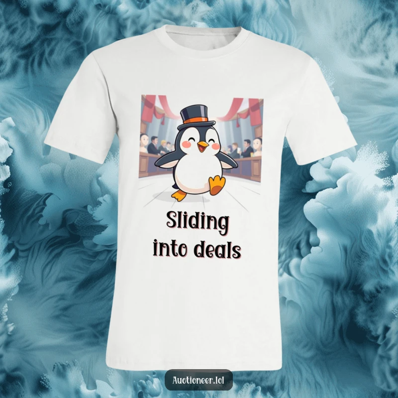 Funny Penguin Auction T-Shirt: A happy penguin wearing a top hat slides gracefully across an auction floor, exuding cool.