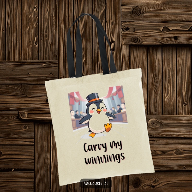 Funny Penguin Auction Tote Bag: A happy penguin in a top hat slides across an auction floor, symbolizing smooth acquisitions.